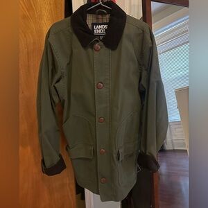 Landsend Green barn coat with dark brown corduroy collar and cuffs